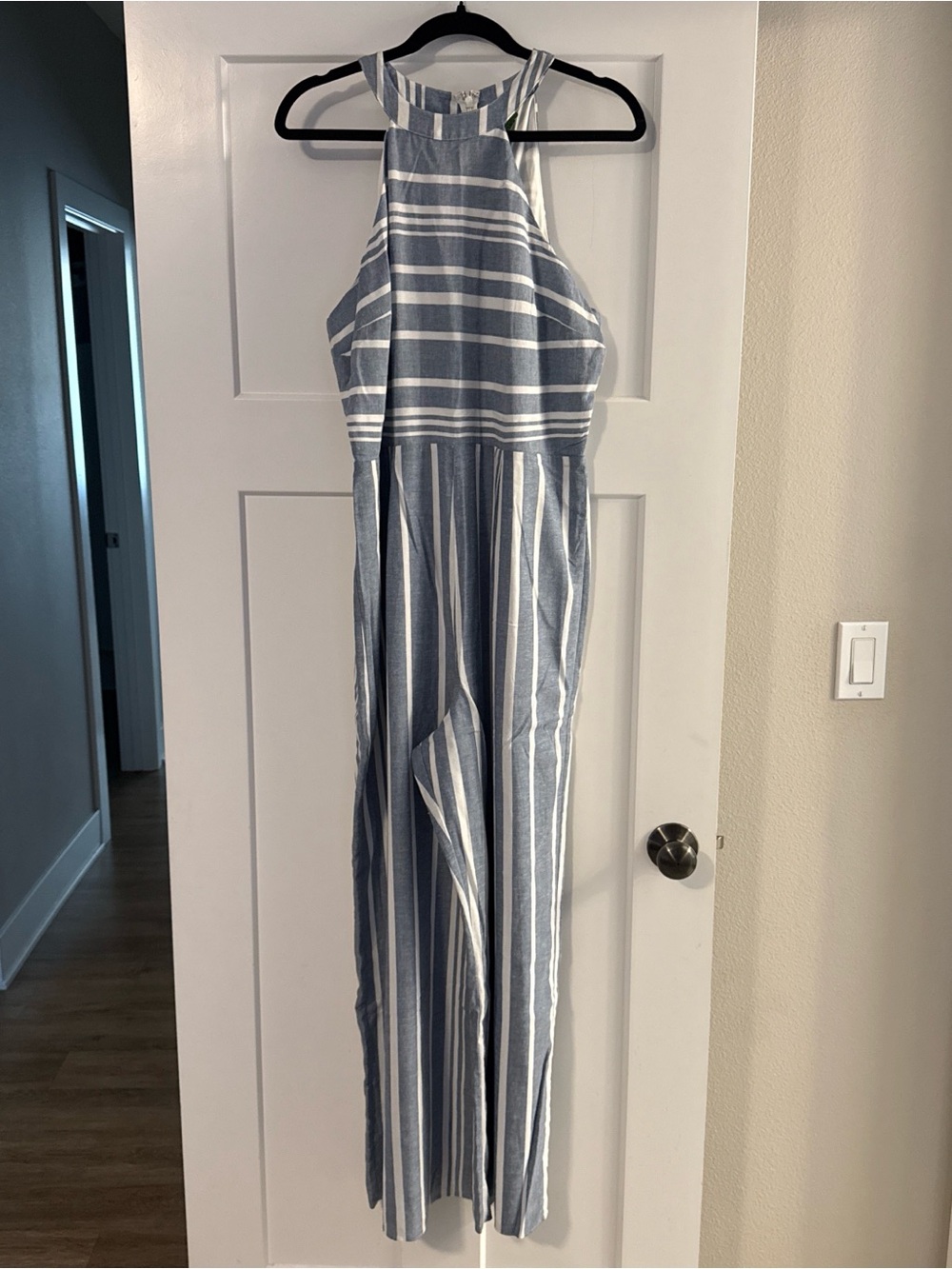 Blue & White Linen Striped Halter Jumpsuit